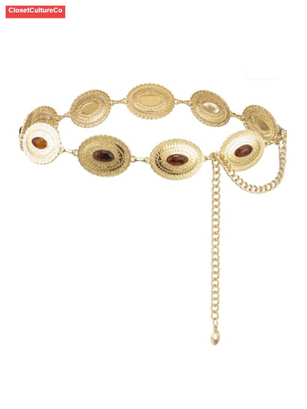 Western Concho Chain Belt Gold-Tone Metal Filigree Waist Adjustable Statement